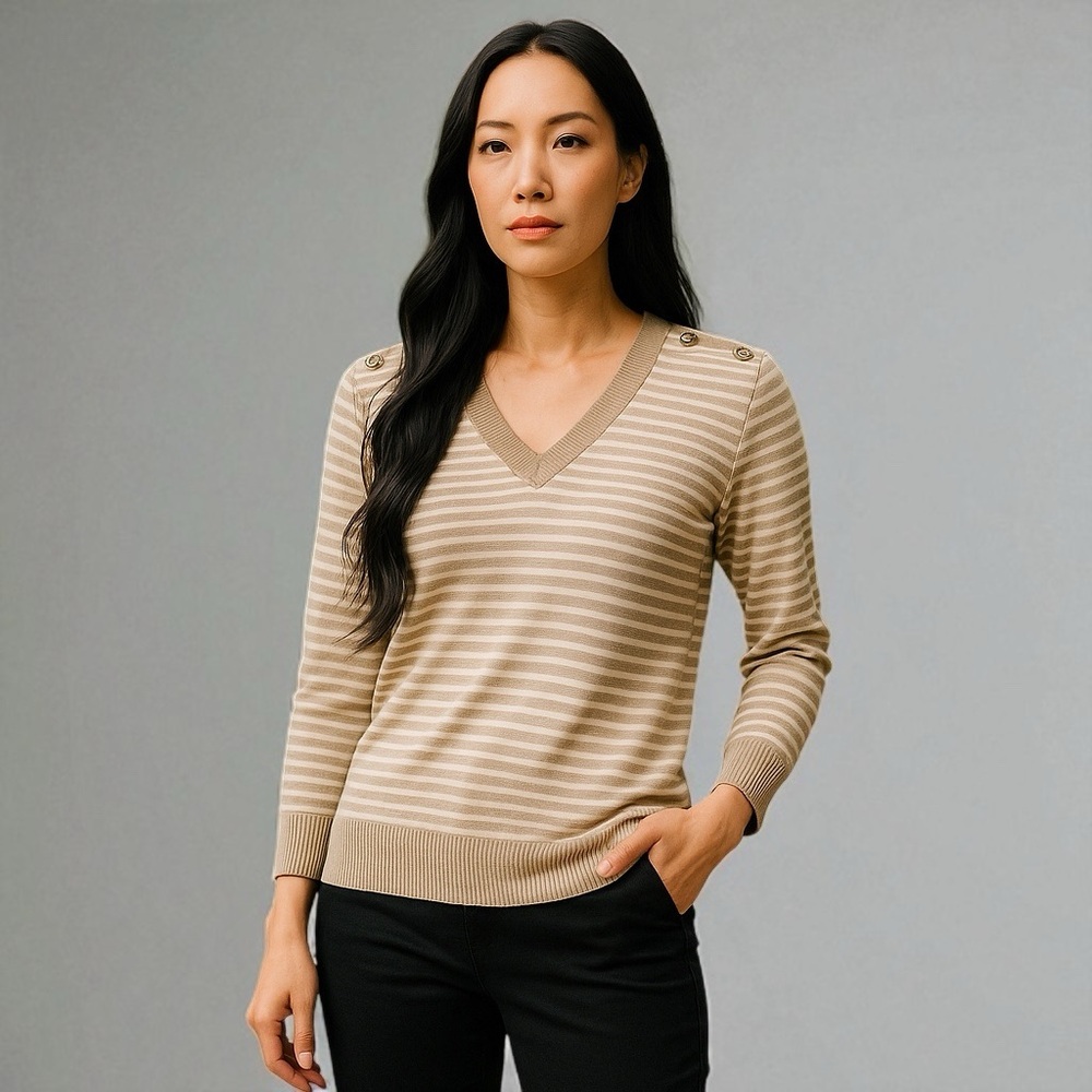 St. John Striped Wool Sweater with Button Detail Size L